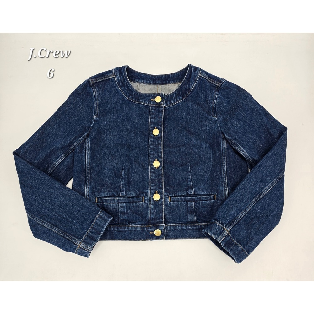 J.Crew Factory Cropped Denim Lady Jacket 6 Collarless Gold Buttons Preppy